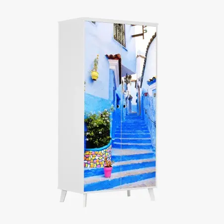 Sticker pour armoire ruelle bleue et porte turquoise de Chefchaouen – Wallnifity®