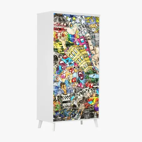 Sticker pour armoire fresque urbaine multicolore : collage musical et psychédélique – Wallnifity®