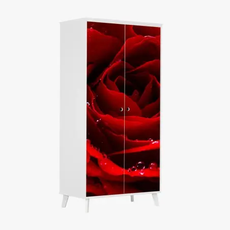 Sticker pour armoire rose rouge en gouttes de rosée – Wallnifity®