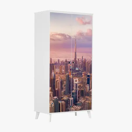Sticker pour armoire panorama urbain de Dubaï avec Burj Khalifa au coucher de soleil – Wallnifity®