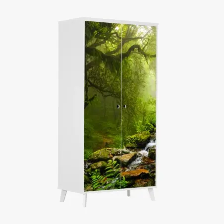 Sticker pour armoire forêt brumeuse et cascade émeraude – Wallnifity®
