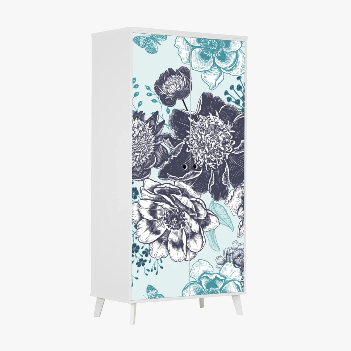 Sticker pour armoire motif floral bleu et ivoire style gravure – Wallnifity® Sticker pour armoire motif floral bleu et ivoire style gravure – Wallnifity®