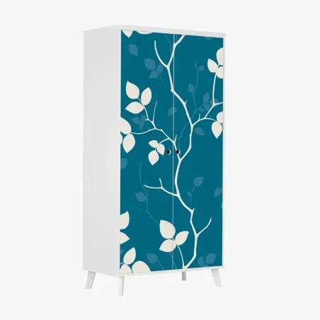 Sticker pour armoire motif feuilles blanches sur fond bleu canard – Wallnifity®