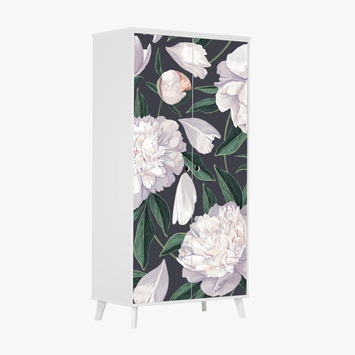 Sticker pour armoire pivoines blanches élégantes sur fond anthracite – Wallnifity®