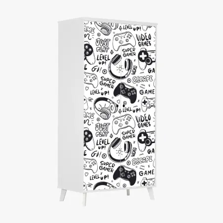 Sticker pour armoire motif doodle jeux vidéo noir et blanc – Wallnifity®