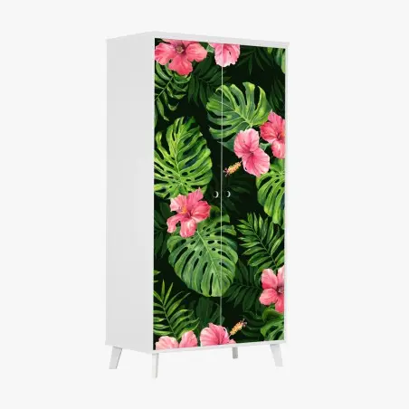 Sticker pour armoire motif tropical feuilles de monstera et hibiscus roses – Wallnifity®
