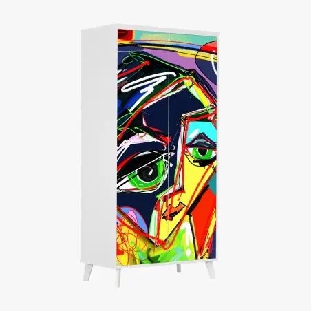 Sticker pour armoire portrait abstrait aux couleurs vives et lignes dynamiques – Wallnifity®