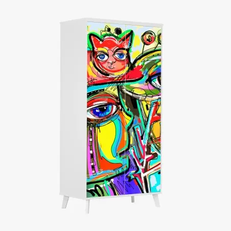 Sticker pour armoire rencontre colorée: visage, oiseau et chat rouge – Wallnifity®