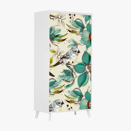 Sticker pour armoire fleurs et oiseaux rétro en turquoise – Wallnifity®