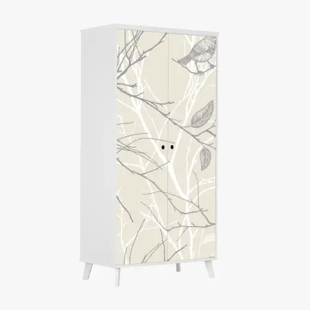 Sticker pour armoire motif oiseaux et branches minimaliste en beige – Wallnifity®
