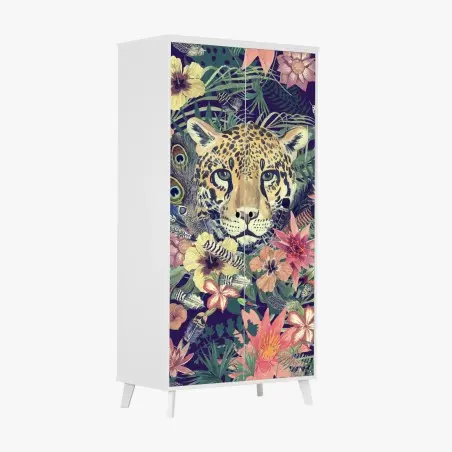 Sticker pour armoire tête de léopard aquarelle dans une jungle florale – Wallnifity®