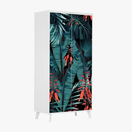 Sticker pour armoire jungle tropicale nocturne aux fleurs rouges – Wallnifity®