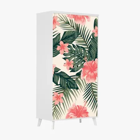 Sticker pour armoire motif tropical hibiscus corail et feuillage vert – Wallnifity®