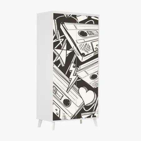 Sticker pour armoire ambiance rétro cassettes et croquis noir et blanc – Wallnifity®