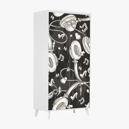 Sticker pour armoire motif casque audio et notes de musique en monochrome – Wallnifity®