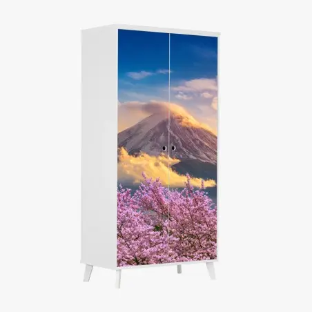 Sticker pour armoire lever du soleil sur le Mont Fuji et cerisiers en fleurs – Wallnifity®