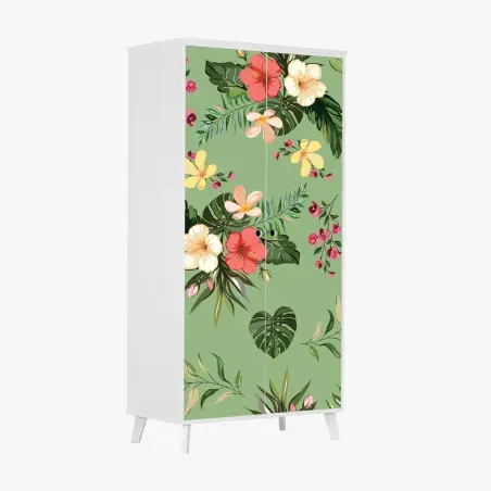 Sticker pour armoire motif tropical fleuri sur fond vert – Wallnifity®