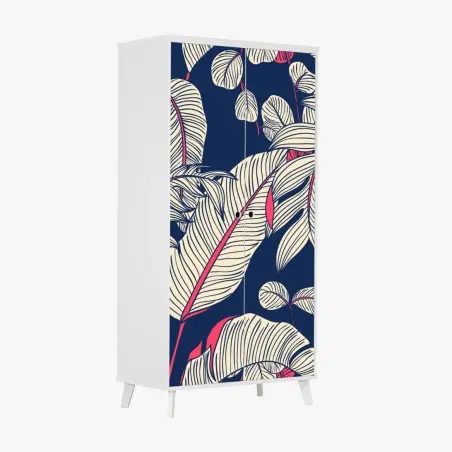 Sticker pour armoire feuillage tropical graphique bleu nuit et corail – Wallnifity®