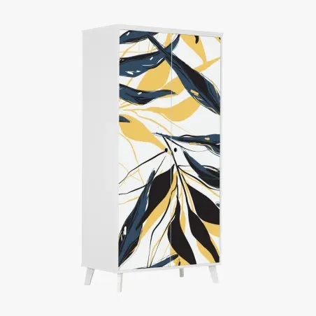 Sticker pour armoire feuillage stylisé bleu marine et jaune moutarde – Wallnifity®