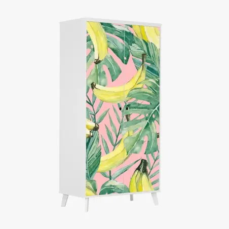 Sticker pour armoire motif tropical bananes et feuilles aquarelle sur fond rose – Wallnifity®