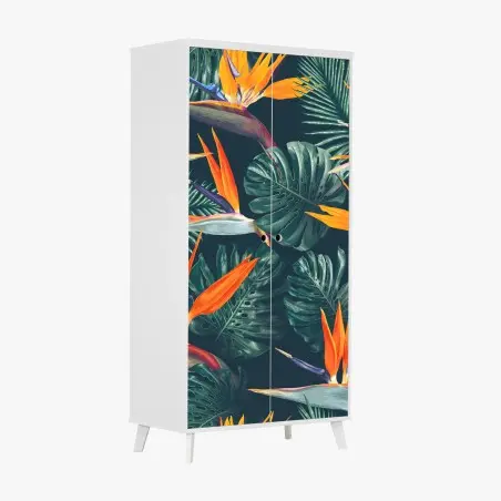 Sticker pour armoire motif tropical d'oiseaux-de-paradis et feuilles monstera – Wallnifity®
