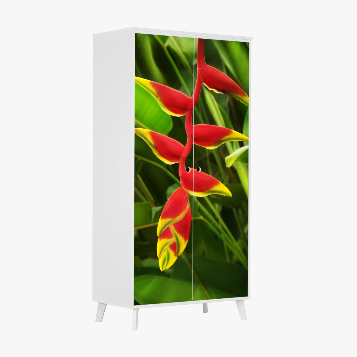Sticker pour armoire héliconia rouge et jaune sur fond végétal – Wallnifity®