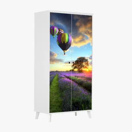 Sticker pour armoire coucher de soleil sur champs de lavande et montgolfières – Wallnifity®