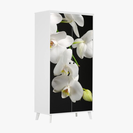 Sticker pour armoire orchidée blanche minimaliste sur fond noir – Wallnifity®