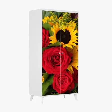 Sticker pour armoire bouquet de roses rouges et tournesols éclatants – Wallnifity®