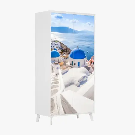 Sticker pour armoire paysage côtier de Santorin aux dômes bleus – Wallnifity®