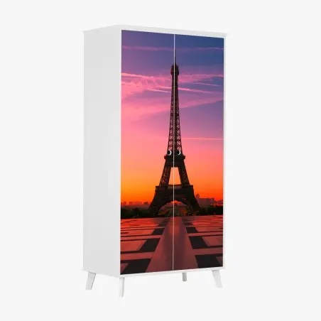 Sticker pour armoire Tour Eiffel au lever du soleil ciel rose et orangé – Wallnifity®