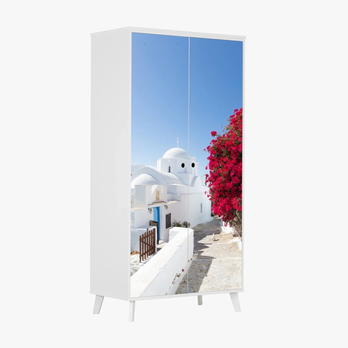 Sticker pour armoire ruelle méditerranéenne aux maisons blanches et bougainvillier – Wallnifity® Sticker pour armoire ruelle méditerranéenne aux maisons blanches et bougainvillier – Wallnifity®