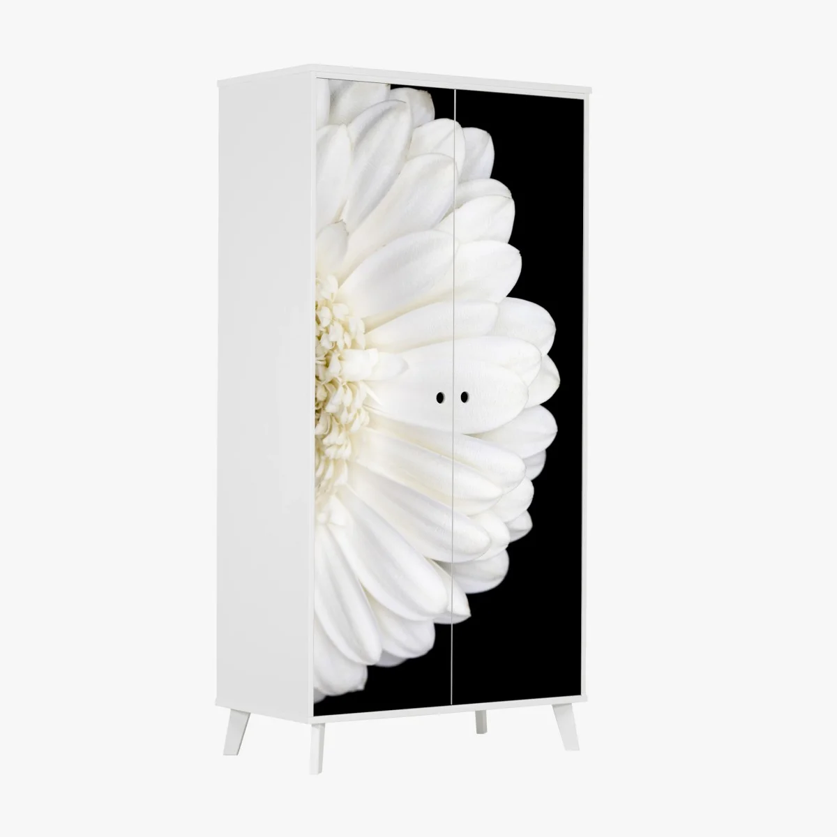 Sticker pour armoire gerbera blanche en gros plan sur fond noir – Wallnifity® Sticker pour armoire gerbera blanche en gros plan sur fond noir – Wallnifity®