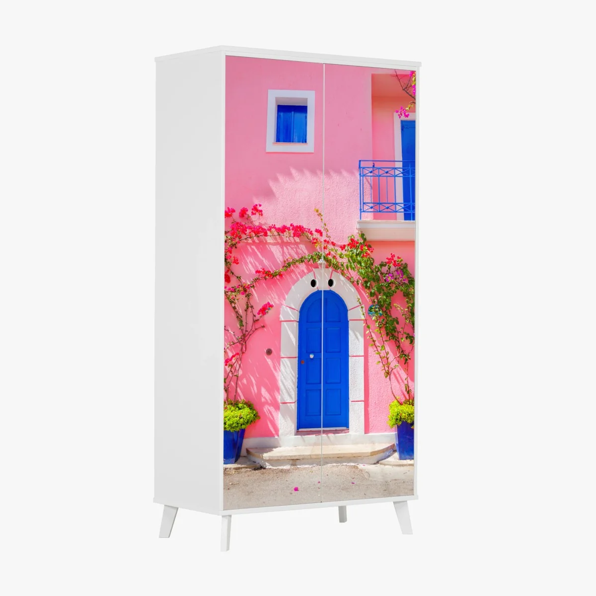 Sticker pour armoire porte bleue sur façade rose aux bougainvilliers – Wallnifity® Sticker pour armoire porte bleue sur façade rose aux bougainvilliers – Wallnifity®