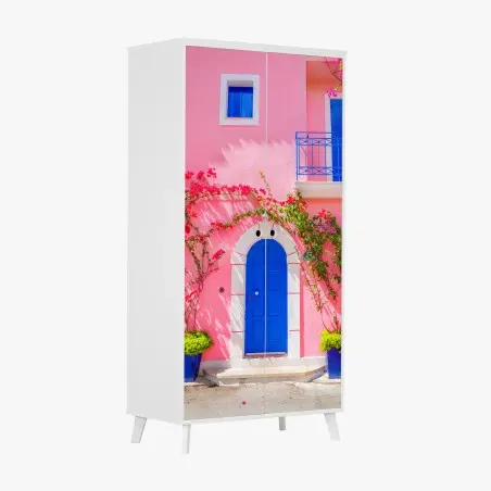 Sticker pour armoire porte bleue sur façade rose aux bougainvilliers – Wallnifity®