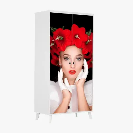 Sticker pour armoire portrait élégant à la couronne de fleurs rouges – Wallnifity®