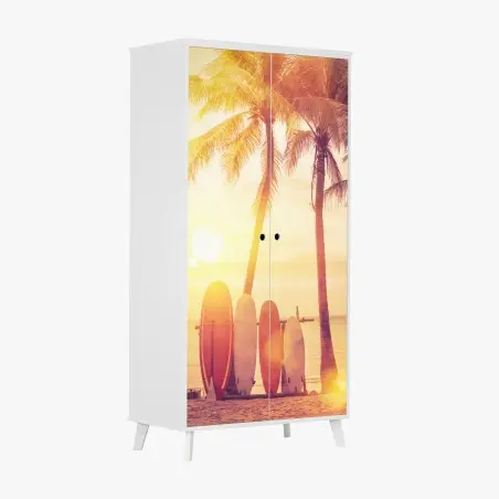 Sticker pour armoire coucher de soleil tropical avec planches de surf – Wallnifity®