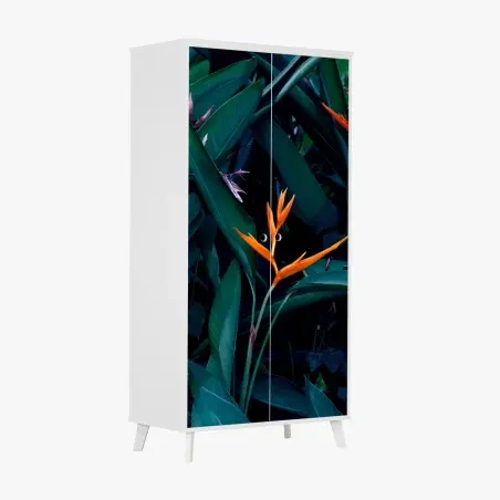 Sticker pour armoire fleur tropicale orange sur feuillage luxuriant – Wallnifity®