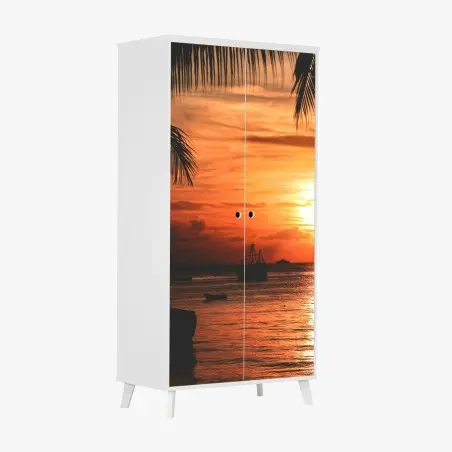Sticker pour armoire coucher de soleil tropical aux silhouettes de bateaux – Wallnifity®