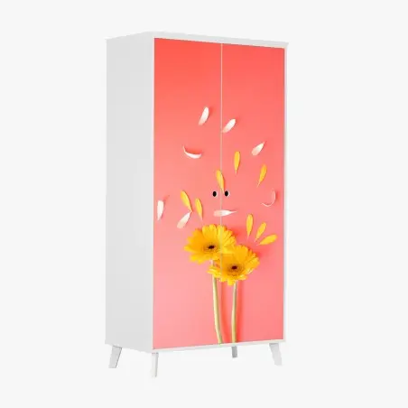 Sticker pour armoire double gerbera jaune sur fond corail – Wallnifity®