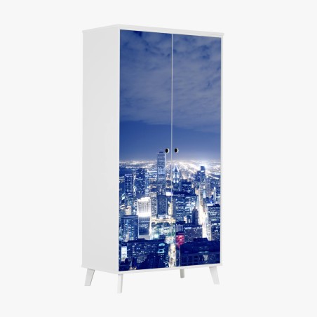 Sticker pour armoire panorama nocturne de Chicago en lumières bleutées – Wallnifity®