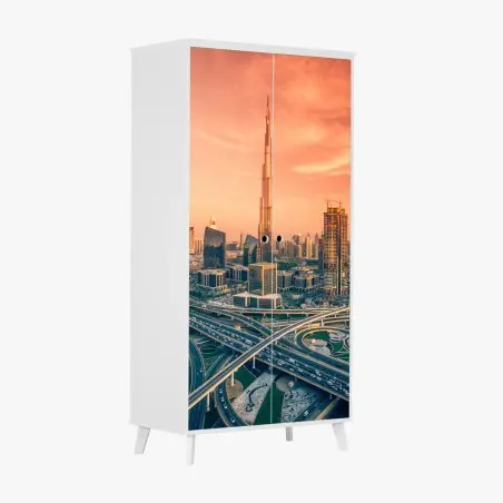 Sticker pour armoire coucher de soleil sur Dubaï : panorama urbain spectaculaire – Wallnifity®