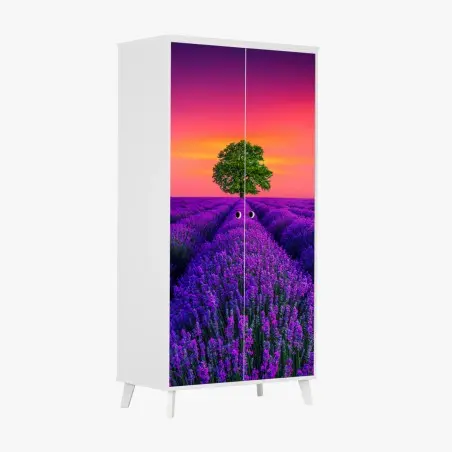 Sticker pour armoire champ de lavande et arbre solitaire au coucher de soleil – Wallnifity®