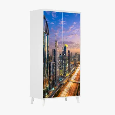 Sticker pour armoire panorama nocturne de Sheikh Zayed Road, Dubaï – Wallnifity®
