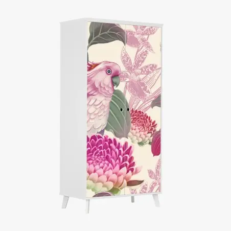 Sticker pour armoire motif tropical élégant aux oiseaux et fleurs roses – Wallnifity®