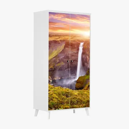 Sticker pour armoire cascade majestueuse de Haifoss en Islande au coucher de soleil – Wallnifity®