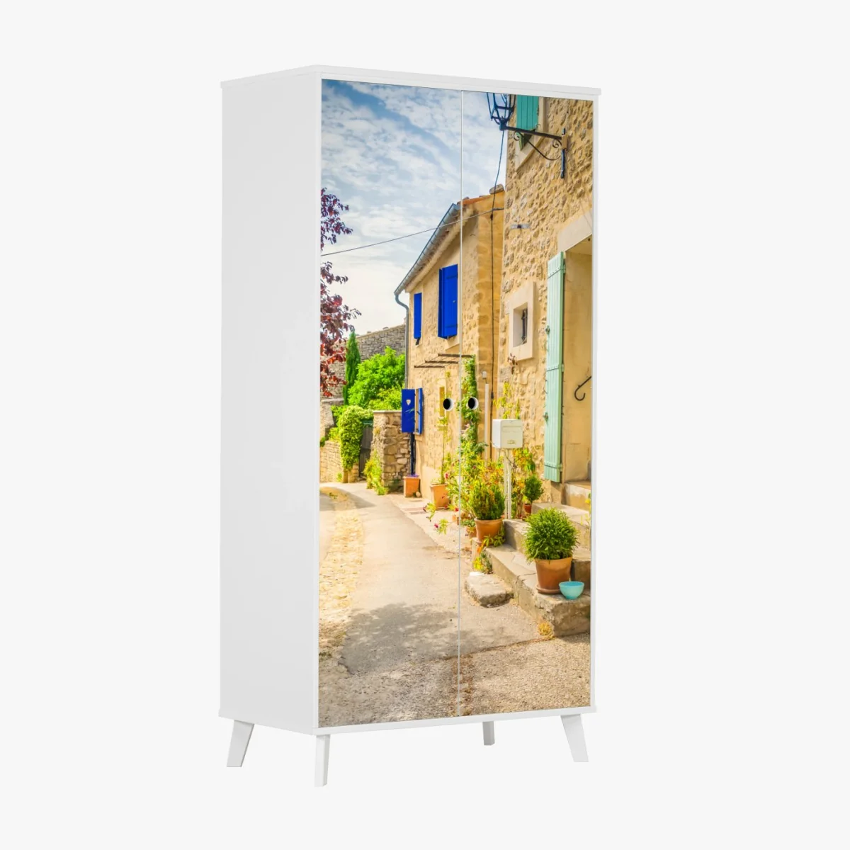 Sticker pour armoire rue provençale ensoleillée aux volets colorés – Wallnifity® Sticker pour armoire rue provençale ensoleillée aux volets colorés – Wallnifity®
