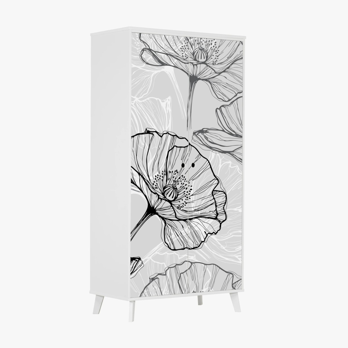 Sticker pour armoire motif pavots en dessin au trait noir et gris – Wallnifity®