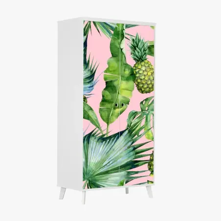 Sticker pour armoire motif tropical ananas et feuilles aquarelle sur fond rose – Wallnifity®
