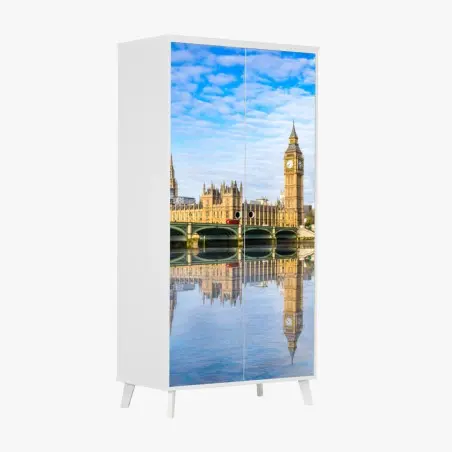 Sticker pour armoire reflets matinaux de Big Ben et du Palais de Westminster à Londres sur la Tamise – Wallnifity®